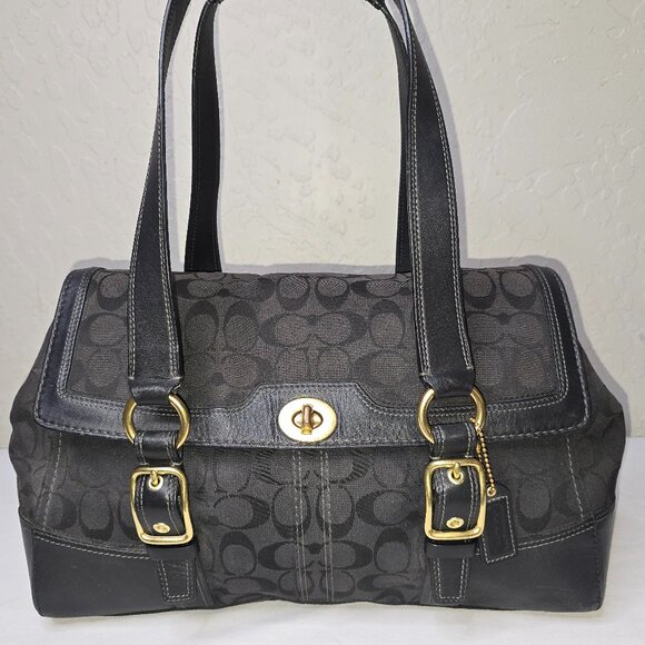 VTG Coach Black Signature Hamptons Flap Bag Carryall Satchel Shoulder Bag 11061 - Picture 1 of 9